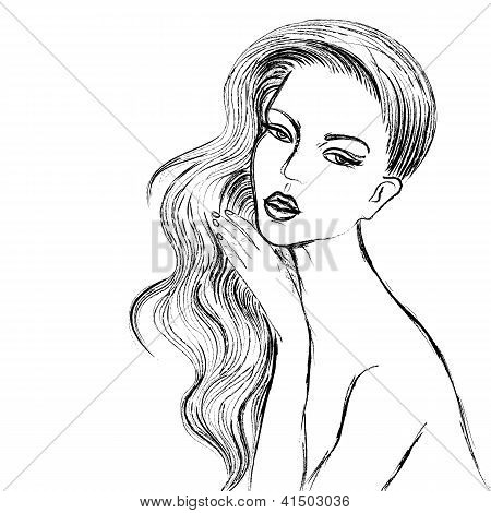 ベクトルの美しい女性の木炭画