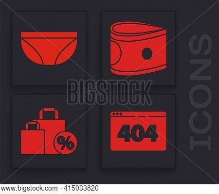 Set Page With A 404 Error, Underwear, Stacks Paper Money Cash And Shoping Bag With Discount Icon. Ve