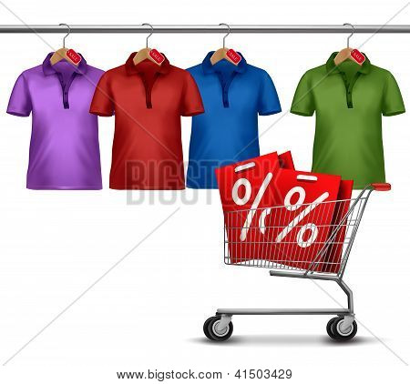 t-Shirts, eine Bar und einen Einkaufswagen hÃ¤ngen. Konzept der Rabatt einkaufen. Vektor.