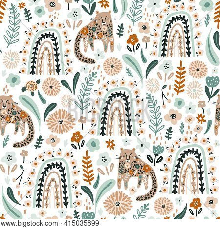 Seamless Pattern With Floral Rainbows And Cute Cheetah. Creative Blooming Texture. Great For Fabric,