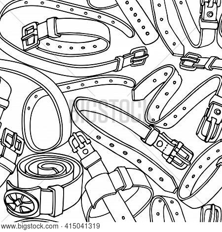 Seamless Pattern Of Simple Leather Belts With Metal Buckles, Pet Collars, Vector Illustration With B