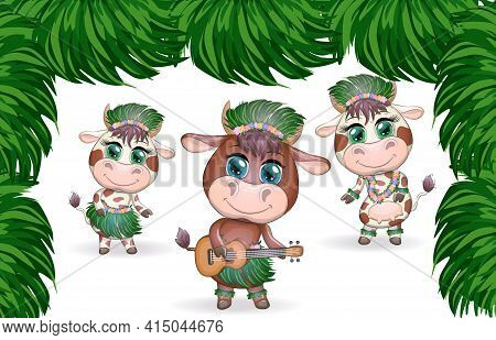 Tropical New Year 2021, Celebration. Group Of Cows And Bulls As Hula Dancers With Acoustic Ukulele G
