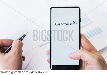Russia Moscow 29.03.2021 Mobile Phone With Logo Of Credit Suisse Swiss Bank.investment Finance Compa