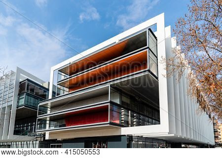 Madrid, Spain - March 7, 2021: Modern Office Building. Repsol Headquarters Or Campus Repsol On Mende
