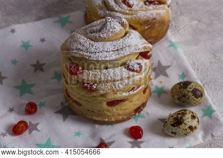 Easter Cake Craffin. Craffins With Dried Cherries, Sprinkled With Powdered Sugar. Close-up Of Homema