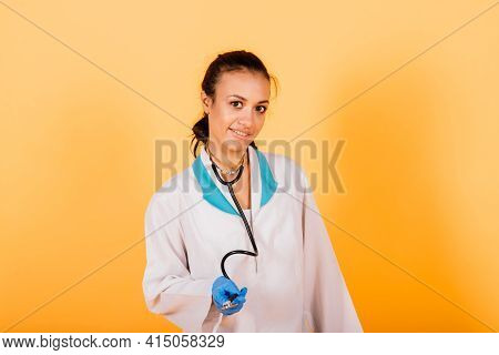 African-american Doctor Woman, Mask, Stethoskope, Robe Vaccine In Studio