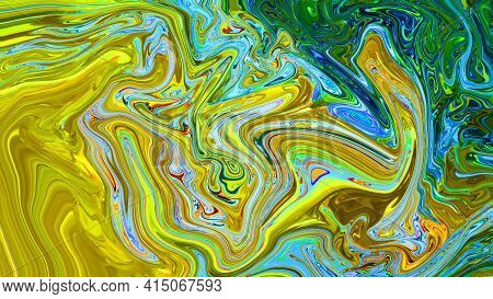 Abstract Yellow, Blue And Green Fluid Texture. Swirling Paint Effect Background. Color Gradient. Des