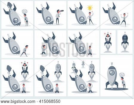 Startup Rocket Crash. Young Unhappy Sad Businessman About Launching Not Working Project, Management 