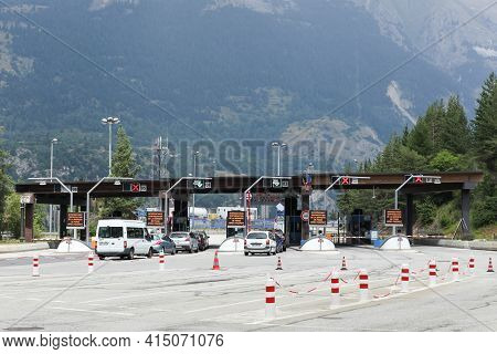 Modanne, France - July 19, 2015: Motorway Toll At The Frejus Tunnel In France. The Frejus Road Tunne