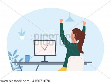 A Happy Young Woman Sitting At Her Workplace Threw Up Her Hands In Triumph, Rejoicing At The Complet