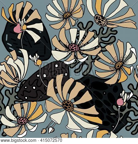 Seamless Pattern With Chamomiles. Hand-drawn Vector Illustration On Grey Abstract Background. Big Bl
