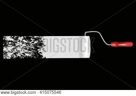 Paint Roller With A Long Stroke Of Black Paint On A White Wall.