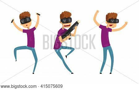 Man In Virtual Reality Headset Set, Guy Wearing Vr Helmet Entertaining Cartoon Vector Illustration