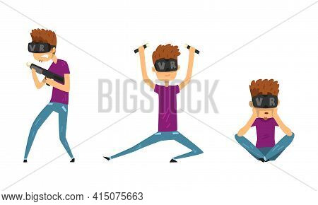 Man In Virtual Reality Headset Set, Guy Wearing Vr Helmet Playing Video Games And Entertaining Carto