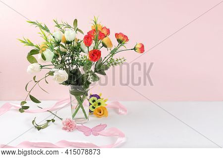 Holiday Concept With Flowers, Spring Or Summer Composition, Still Life, Flowers In A Vase, Banner. M