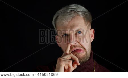 Funny Stupid Smiling Stylish Young Man With Blue Eyes Picking Nose With Silly Smiling Humorous Expre