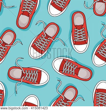 Red Sneakers Vector Seamless Pattern. Casual Youth Shoes On Blue Background. Sport Illustration