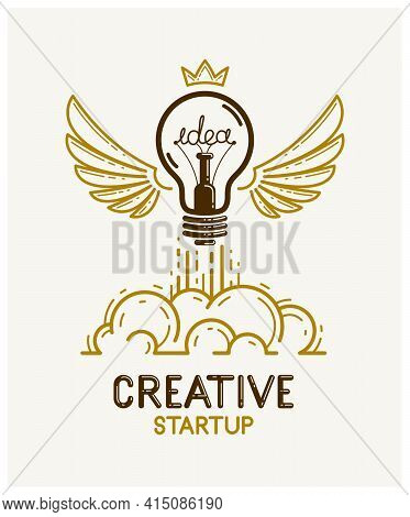 Idea Light Bulb With Wings Launching Like A Rocket Vector Linear Logo Or Icon, Creative Idea Startup