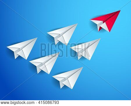 Flying Origami Plane Leading The Team Group Of Smaller Planes, Business Leadership Concept, Vector M