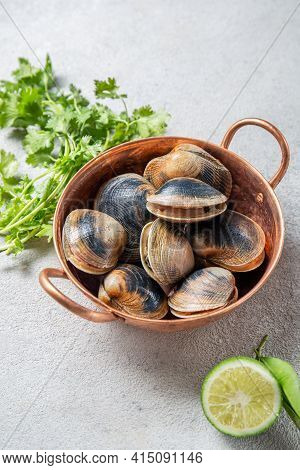 Raw Uncooked Clams Vongole Shells Shellfish With Ingredients For Cooking Coriandr, Beer And Lime In 