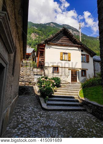 Tranquil Backyard In The Town Of Sonogno, Ticino, Switzerland