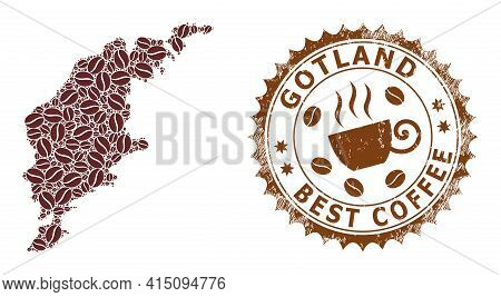 Mosaic Map Of Gotland Island Of Coffee Beans And Textured Badge For Best Coffee