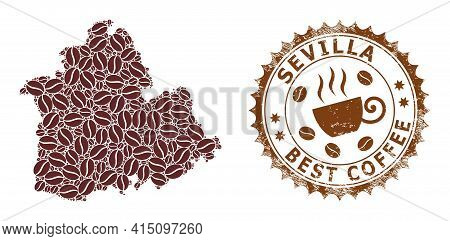 Mosaic Map Of Sevilla Province With Coffee Beans And Scratched Mark For Best Coffee