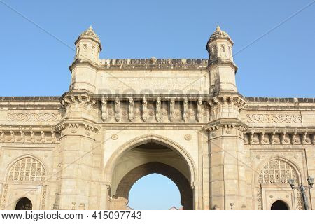 MUMBAI, INDIA - JANUARY 11, 2017: Gateway of India detail. The Gateway of India was built to commemorate the visit of King George V and Queen Mary to Mumbai in 1911.