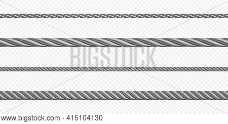 Metal Hawser, Rope, Steel Cord Of Different Sizes, Silver Colored Twisted Cables Or Strings. Decorat