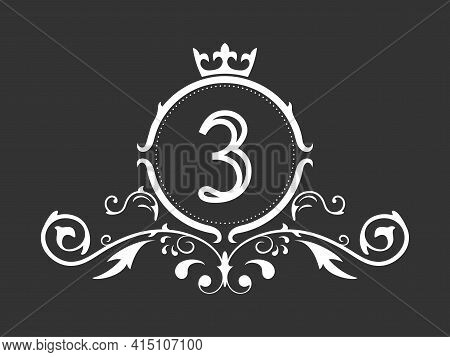 Stylized Number 3. Ornament And Crown Monogram Template For Business Cards, Logos, Emblems And Heral