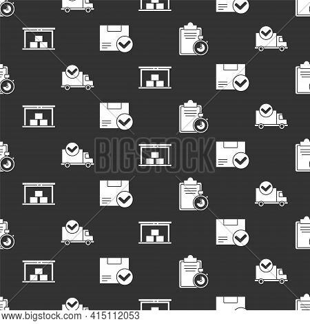 Set Verification Of Delivery List Clipboard, Delivery Truck With Check Mark, Warehouse And Package B