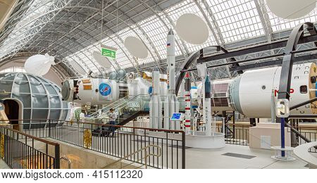Moscow, Russia - November 28, 2018: Space museum. Inside The Cosmonautics and Aviation Centre in the Cosmos pavilion of VDNH. Aircraft exhibition. Rocket science.