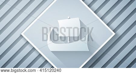 Paper Cut Ancient Greek Trireme Icon Isolated On Grey Background. Paper Art Style. Vector