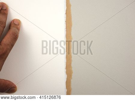 Left Man Tan Hand Putting, Push Down On Papers. White, Neutral Brown, Pastel Gray Matte Sheets Combi