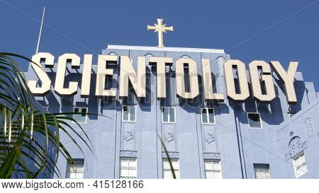 Los Angeles, California Usa - 24 Feb 2020: Church Of Scientology Exterior, Facade Of Blue Building N
