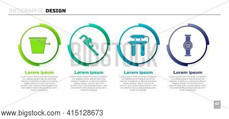 Set Bucket, Pipe Adjustable Wrench, Water Filter And Water Meter. Business Infographic Template. Vec
