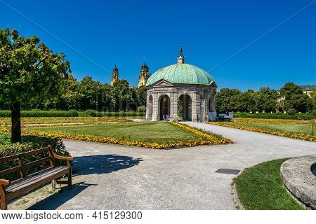 Munich, Germany - Jul 27, 2020: Hofgarten Park With Dianatempel In Munich. The Diana Pavilion And Th