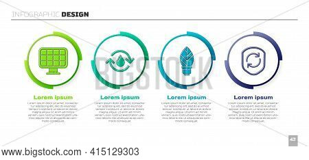 Set Solar Energy Panel, Recycle Clean Aqua, Light Bulb With Leaf And Recycle Symbol Inside Shield. B