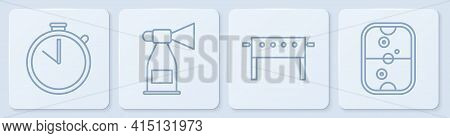 Set Line Stopwatch, Hockey Table, Air Horn And Air Hockey Table. White Square Button. Vector