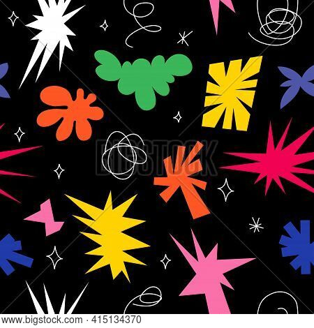Abstract Shapes Seamless Pattern On Black Background. Bright Vector Repeatable Design. Geometric For