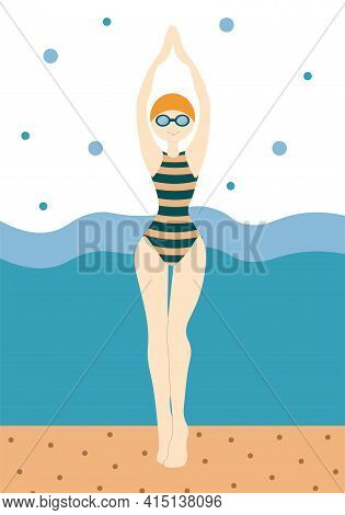 Slim And Funny Swimmer In A Striped Swimsuit On The Golden Beach With Blue Waves