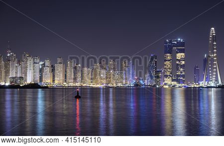Dubai, Uae - October 28, 2020. Ain Dubai , Marina Night Scene With City Lights, Luxury New High Tech