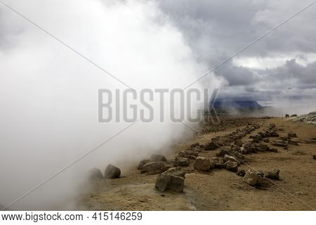 Hverir / Iceland - August 30, 2017: Hverir Fumarole Area Near Namafjall Mountain, Myvatn Lake Area, 