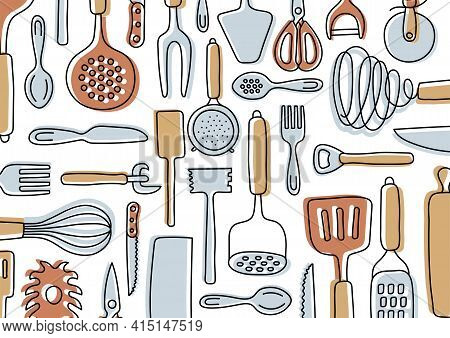Kitchen Knolling. Kitchenware Sketch Set. Doodle Line Vector Utensils, Tools And Cutlery. Spatula, S