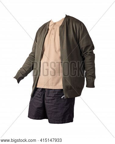 Men's  Dark Green Knitten Bomber Jacket,beige  Shirt And Black Sports Shorts Isolated On White Backg