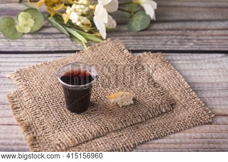 Taking Communion Concept - The Wine And The Bread Symbols Of Jesus Christ Blood And Body. Easter Pas