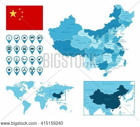 China Detailed Administrative Blue Map With Country Flag And Location On The World Map. Vector Illus