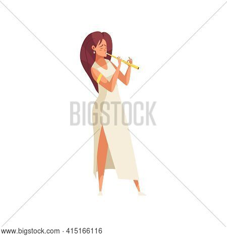 Woman Musician In Dress Playing Flute Flat Vector Illustration