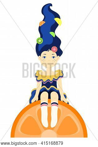 Girl Sitting On The Orange With Fruits In Her Hair