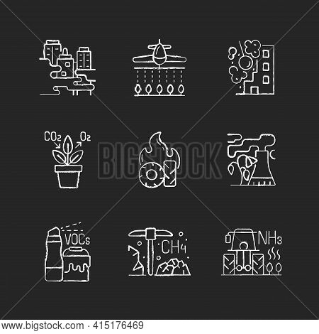 Air Pollution Chalk White Icons Set On Black Background. People Damaging Planet Environment And Atmo